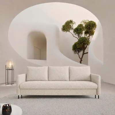Productafbeelding van Sofello slaapbank BELIssA, beige bouclé, met opbergruimte en kussens – bank met slaapfunctie, ligvlak 202x150 cm.