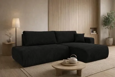 Image de Canapé d'angle avec fonction couchage et coffre de rangement, velours côtelé Poso, noir, version droite, OPEN XL