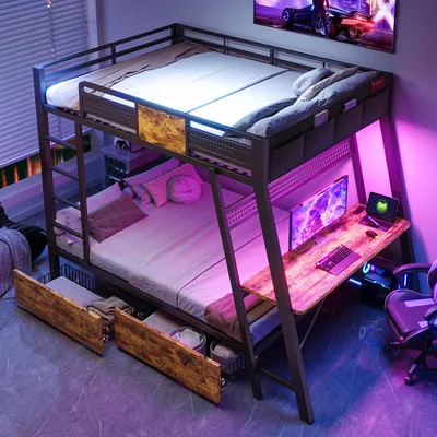 Obrázek produktu pro Dvoupatrová postel z kovu o rozměrech 140 x 200 cm s dvěma lůžky, herní stůl, zásuvky, USB porty, porty typu C, LED osvětlení, žebřík a úložný prostor, černá barva