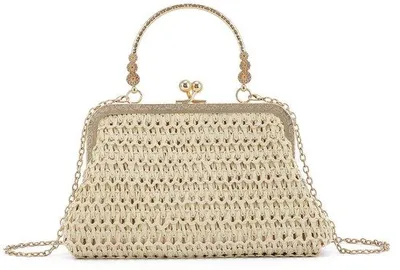 Produktbild von Unyqoos® Gewebte Strohtasche aus Strohpapier – Clutch 21 x 14 x 6 cm, Kiss-Lock-Verschluss, 8,5 cm Griffhöhe, 114 cm Metallkette, neutral