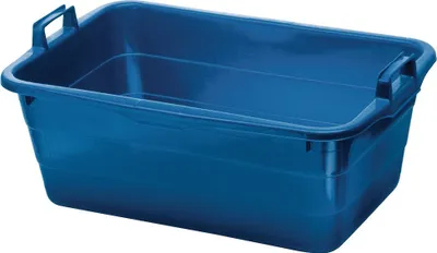 A blue plastic tub with handles, shown from a slightly elevated side angle against a white background.