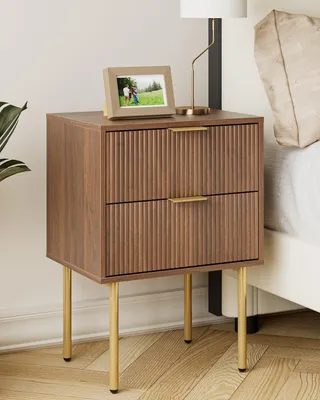 Image de Table de nuit moderne avec 2 tiroirs en finition noyer