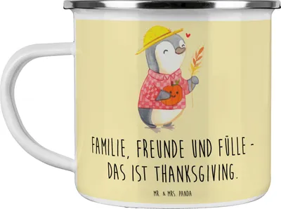 Produktbild von Mr. & Mrs. Panda Emaille Tasse Erntedankfest Freunde & Fülle - Gelb Pastell - Geschenk, unvergessliche Momente, Events, Pott, Thanksgiving, Motivtasse, Haferl, wertvolle
