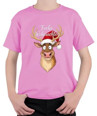 Produktbild von Frohe Weihnachten Lustiges Rentier Weihnachtsmütze Cartoon Humor Kinder T-Shirt, Pink, 128