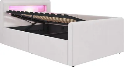 Produktbild von Polsterbett Kinderbett LED USB Hydraulischer Stauraum Rückenlehne Samtstoff 90 x 200 cm Beige