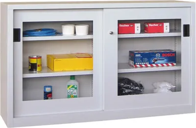 Produktbild von Schiebetürenschrank - Sichtfenstertüren - 1.000x1.500x600 mm (HxBxT) - 4 Böden, gepulvert - Zylinderschloss - lichtgrau/feuerrot