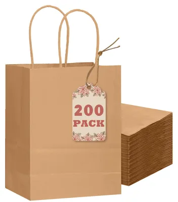 Geschenktüten braun mit Henkeln, 200 Stück, 21x15x8 cm, Kraftpapier