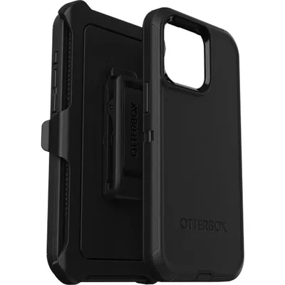 A black OtterBox Defender iPhone 15 Pro Max case with a belt clip.