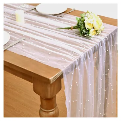 Produktbild von Tischläufer aus Tüll mit Perlen, 80 x 200 cm, Chiffon Tischläufer, Spitzen Tüllstoff, Tischdecke aus Perlenspitze, für Partys, Hochzeiten, DIY