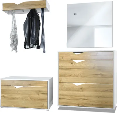 Produktbild von Vladon Garderobe Kolmio 190 x 185 x 33 cm Flurgarderoben Set,  Germany, Korpus in Weiß matt, Fronten in Eiche Natur | Große Farbauswahl