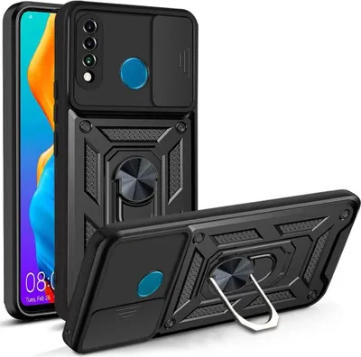 A black phone case with a ring stand and camera cover is shown from two angles against a white background.