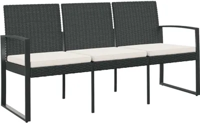 A three-seater garden bench with cream cushions, set against a white background.