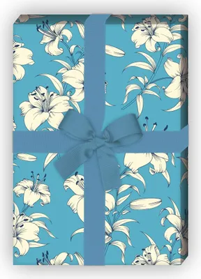 Produktbild von Exotisches Sommer Geschenkpapier mit Lilien, hellblau - G8188, 32 x 48cm