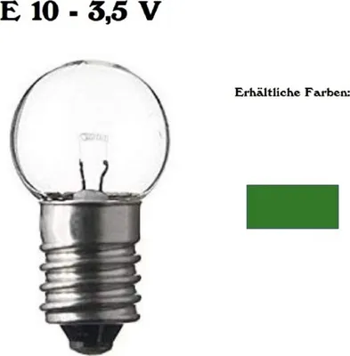 Eine kleine Glühbirne vom Typ E 10 - 3,5 V mit metallischen Sockel. Grünes Rechteck abgebildet.
