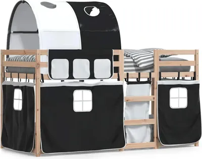 Image de vidaXL Lit superposé avec rideaux blanc & noir 90x190 cm Pin
