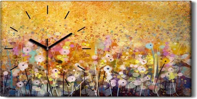 Produktbild von Wanduhr Uhr Wandbild Leinwand Geräuschlos 60x30 Natur Landschaft Blume wiese - schwarze Hände