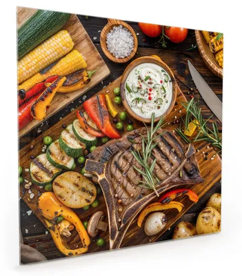 Produktbild von Küchenrückwand Spritzschutz Glas mit Motiv Grillmahlzeit 40 x 40 cm