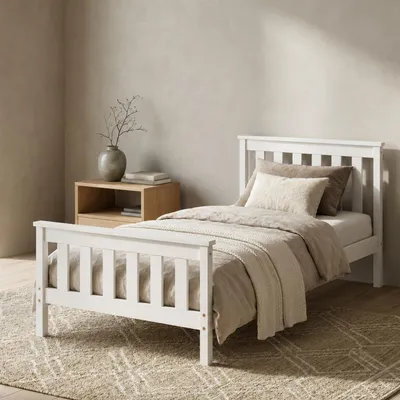 Produktbild von Home Collective Massivholzbett Einzelbett Doppelbett Kiefer Bettgestell mit Lattenrost & Kopfteil | 90x200 120x200 140x200 160x200 | Schlafzimmer Jugendzimmer Gästezimmer | 90x200 cm | Weiß