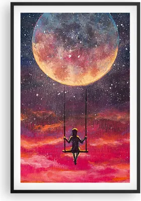 Produktbild von Gerahmtes Poster - Schwarzer Rahmen - Mond Schaukel Frau - 61x91,5 cm - Wand Bild - Wanddeko - Wandbilder - Kunstposter - Wandposter - Bilderrahmen - Bilder - Kunstdruck - P2BPA61x91-5095