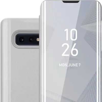 A close-up of a silver smartphone case with a mirrored front cover displaying the time and date.