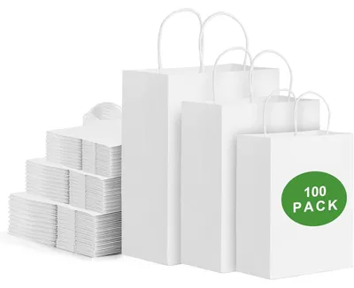Image de Sacs en papier avec anses, 100 pièces, blanc, tailles variées, en papier kraft