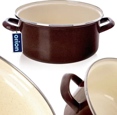 A brown enamel pot with cream interior and handles, shown from a slightly elevated angle. A blue tag with the brand name 'orion' is attached to one handle. The image is a composite of two views of the same pot.