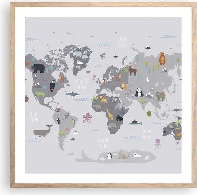 Produktbild von Gerahmtes Poster - Rahmen in heller Eiche - Karte die Welt Kontinente - 60x60 cm - Wand Bild - Wanddeko - Wandbilder - Kunstposter - Wandposter - Bilderrahmen - Bilder - Kunstdruck - P2NAC60x60-5033