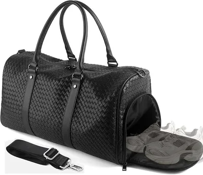 Produktbild von Weekender Bag für Damen und Herren, wasserabweisend, aus Leder, gewebte Reisetasche, mit Schuhfach, Schwarz, Large, Freizeit
