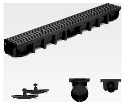 Produktbild von 1m Entwässerungsrinne für modulares System A15 98mm, komplett mit Stegrost aus Kunststoff, Schwarz