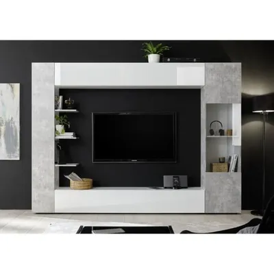 Image de Meuble TV Meuble TV avec rangement - Blanc & Béton - SIRIUS