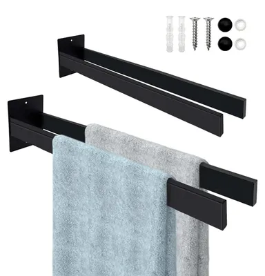 Image de Porte-serviettes en acier inoxydable noir, à fixation murale, double barre pour salle de bains et cuisine, 38 cm