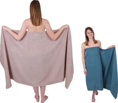 Produktbild von Betz 2 Stück XXL Badetücher 100 x 200 cm BERLIN  Saunatücher 100% Baumwolle Farbe – cappuccino-taubenblau