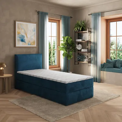 Produktbild von Masseno Boxspringbett PELLIO 90x200 cm Komplett-Set mit Bonell Matratze und Topper, Polsterbett mit Bettkästen -Blau, MONOLITH 77