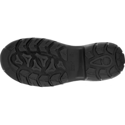 The sole of a black work boot is shown against a white background.
