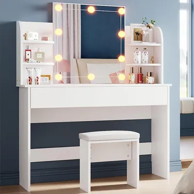 Immagine prodotto di Tavolino da trucco con sgabello - Specchio da trucco - Design elegante - Illuminazione LED regolabile - 108 x 40 x 140 cm