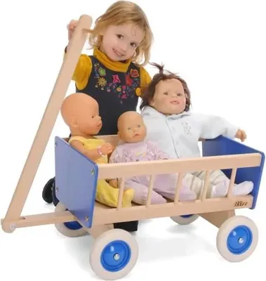 Produktbild von Blauer Bollerwagen für Kinder, Länge 52 cm, Breite 36 cm, Höhe 32 cm, für Püppchen und Teddys