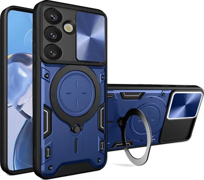 Produktbild von Handyhülle für Samsung Galaxy S25 Dual-Layer Stoßfest Rüstung Hülle mit Dia Kameraschutz und Kreisförmig Ring Ständer Blau