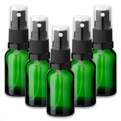 Produktbild von 5x Grüne Glasflasche 15 ml mit schwarzem Zerstäuber Sprühkopf leer Set