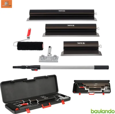 Produktbild von YATO Spachtelset 6 tlg Profi Flächenspachtel aus Edelstahl & Aluminium 400/600/800 mm inkl. Teleskopstiel, Roller & Koffer
