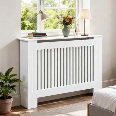 Immagine prodotto di FATIVO Copritermosifone 111x19x92cm-Copritermosifone alto in bianco, in MDF spessorato, a lamelle verticali