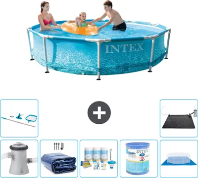 Produktbild von Intex Rundrahmen-Schwimmbecken – 305 x 76 cm – Wasserdruck – inklusive Pumpe Sonnensegel - Wartungspaket - Filter - Bodenplane - Reinigungskit - Solarmatte