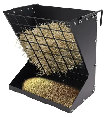 Produktbild von Heuraufe - 2-in-1-Heuraufe mit Haken - Freistehend - Einstöckig - Q235-Stahl - Gitterdesign - 30 kg Tragkraft - Für Schafe, Ziegen und Kaninchen