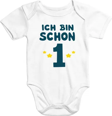 Produktbild von Kurzarm Baby-Body Geburtstag Ich bin schon 1 Jahr Eins Geschenk Baumwolle Moonworks® weiß 3-6 Monate