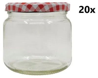 A clear glass jar with a red and white checkered lid, shown against a white background. The text '20x' is visible on the right side.