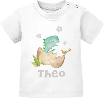 Produktbild von Baby T-Shirt mit Namen personalisiert und Baby-Dino Print Dinosaurier Junge Mädchen kurzarm Baumwolle SpecialMe® T-Rex weiß 56/62 (1-3 Monate)