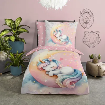 Produktbild von Traumschlaf Bettwäsche Einhorn und Mond multi 135x200 cm + 80x80 cm