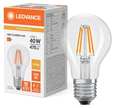 Produktbild von Ledvance LED Filament A60 Birne 4,9W = 40W E27 Klar 470lm Warmweiß 2700K