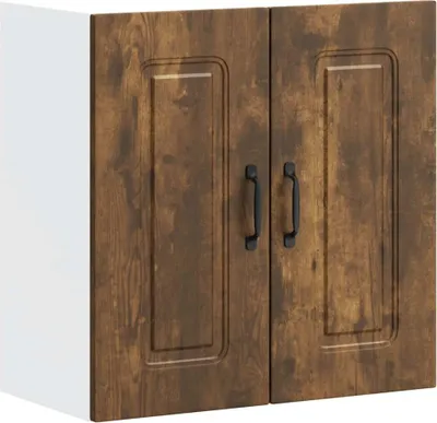A close-up, front-facing view of a wooden kitchen wall cabinet with two doors.