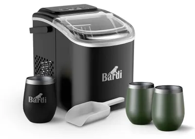 Produktbild von Bardi Deluxe Eiswürfelmaschinen-Set – 1,2 l – Schwarz – Inklusive 3 r Thermosbecher und Eisschaufel – Grün