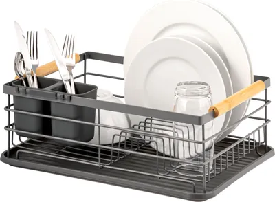 Produktbild von eluno Abtropfgestell mit Abtropfschale für Geschirr, inkl. Besteckhalter, Metall grau